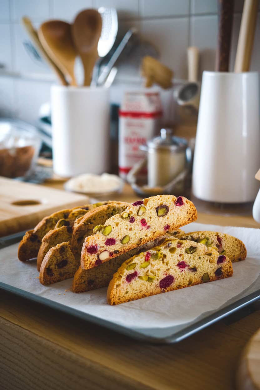 Photo prompt: Indoor kitchen counter with twice-baked biscotti sticks studded with green pistachios and red cranberries, no text or logos.