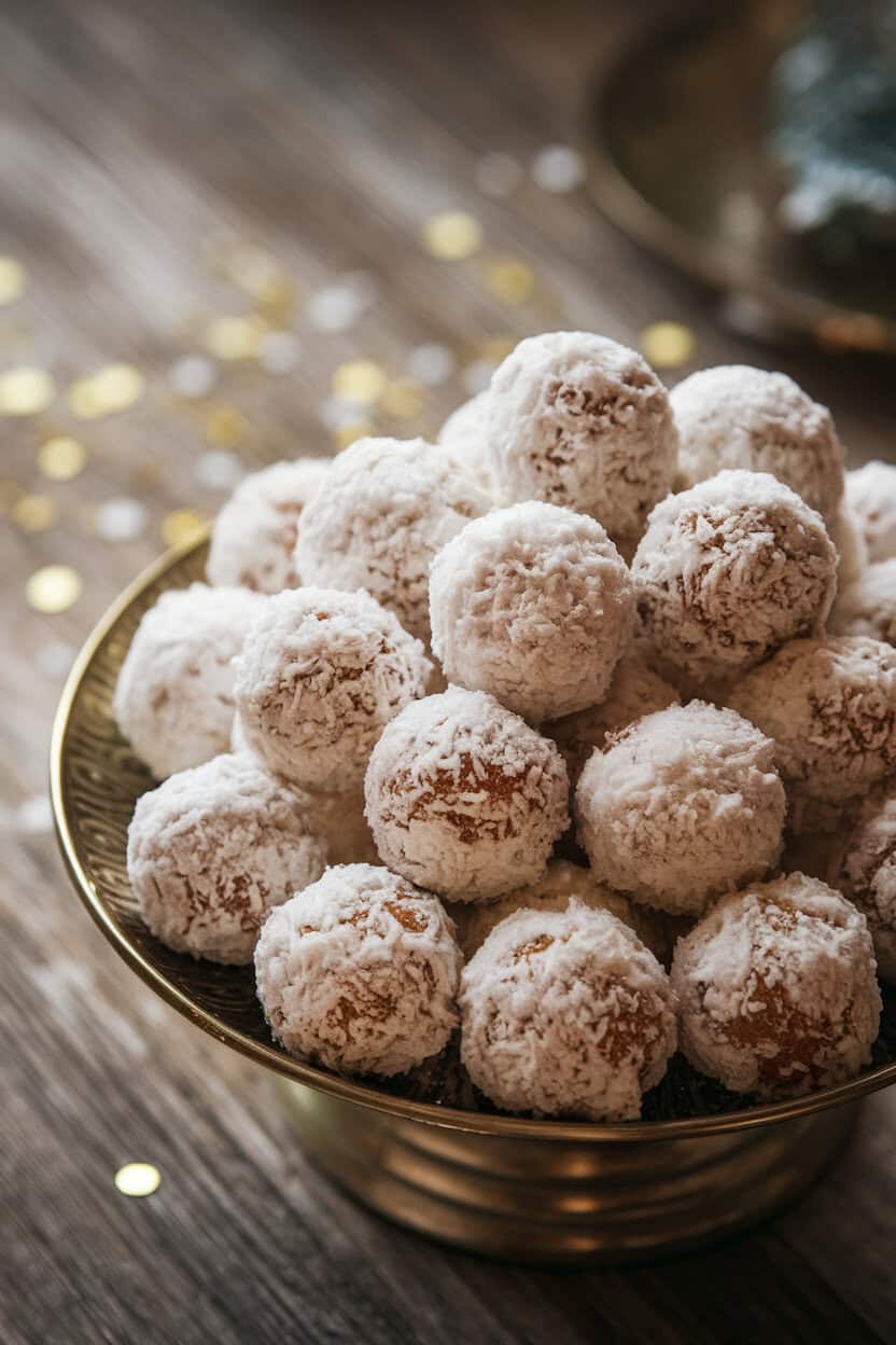 Photo prompt: Indoor cookie plate with powdered sugar-coated coconut balls arranged like snowballs, subtle gold confetti in background, no text or logos.
