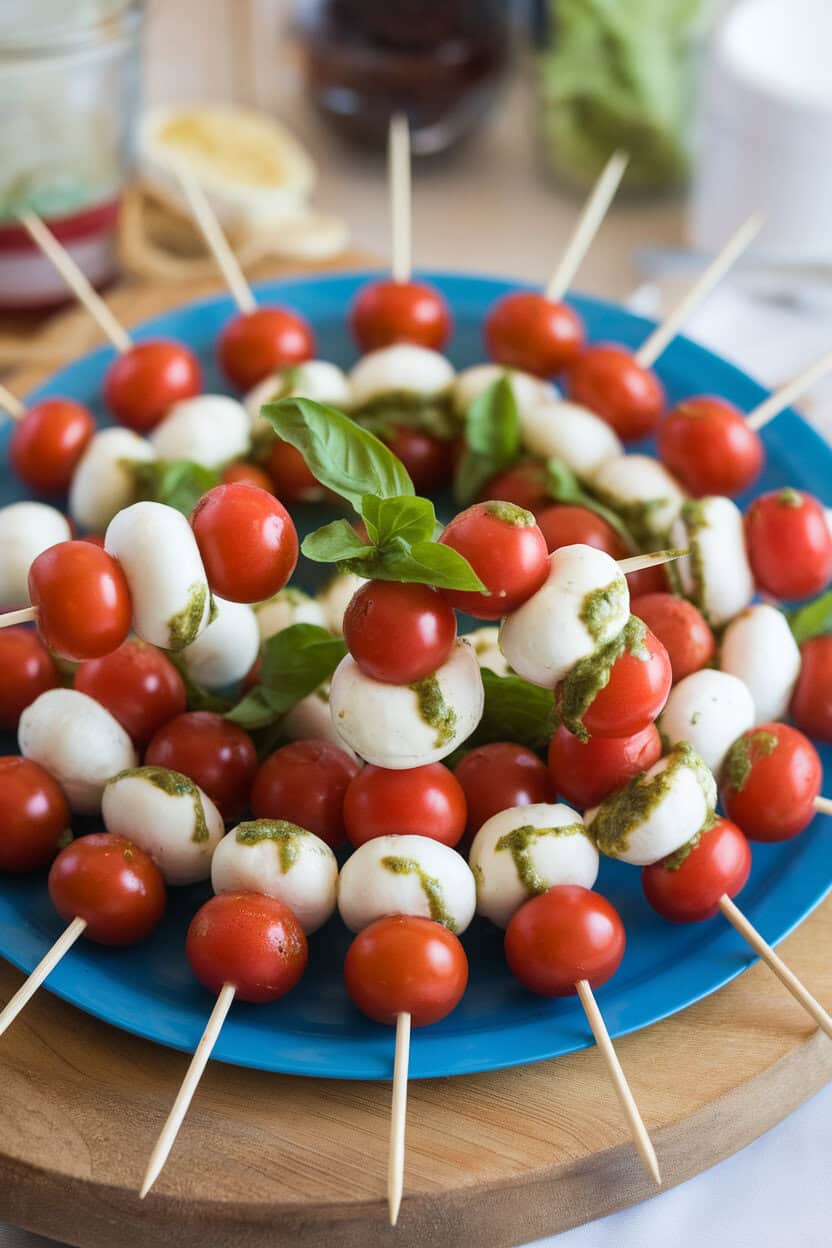 An indoor platter of colorful caprese skewers—cherry tomatoes, mini mozzarella balls, and basil leaves—lightly drizzled with green pesto; photo, no text or logos.