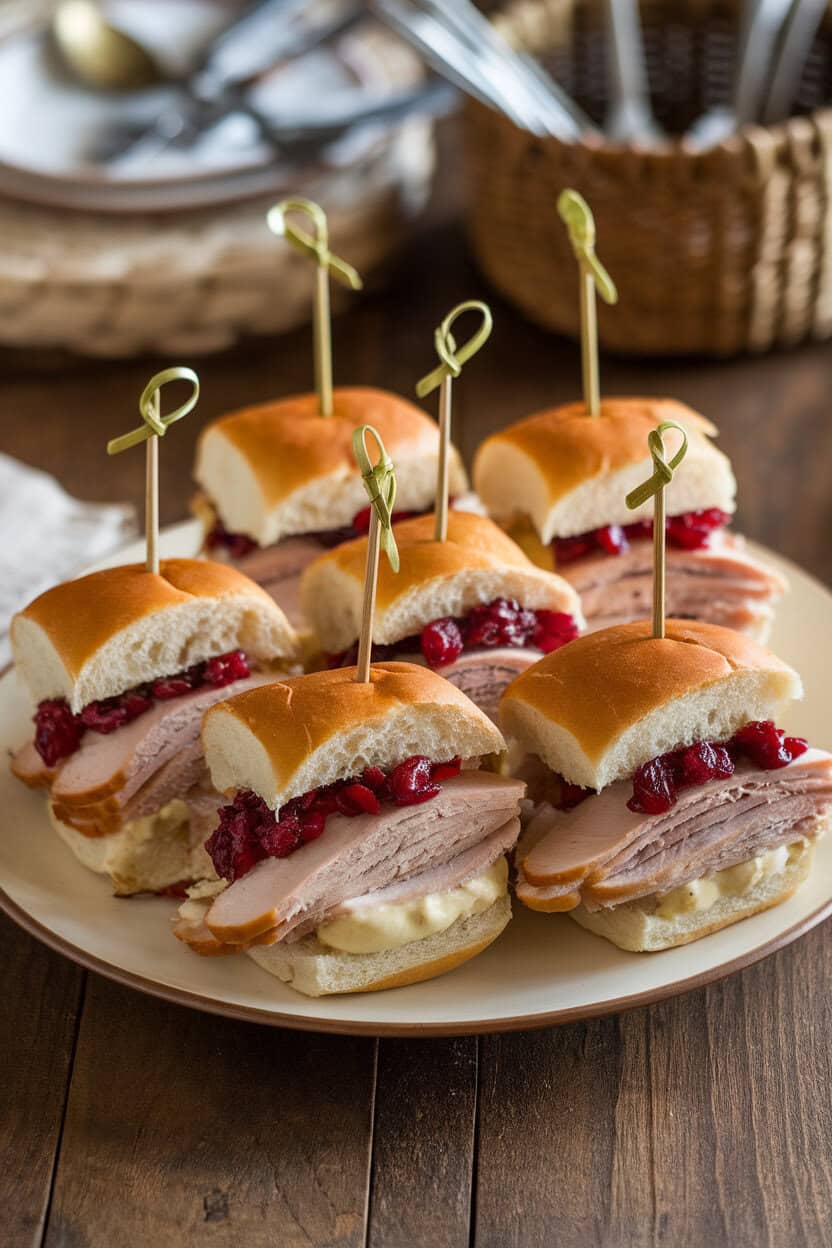 An indoor dining table photo of mini brioche buns stuffed with sliced roast turkey, cranberry relish, and a smear of aioli, each held together by a festive skewer. No logos or text.