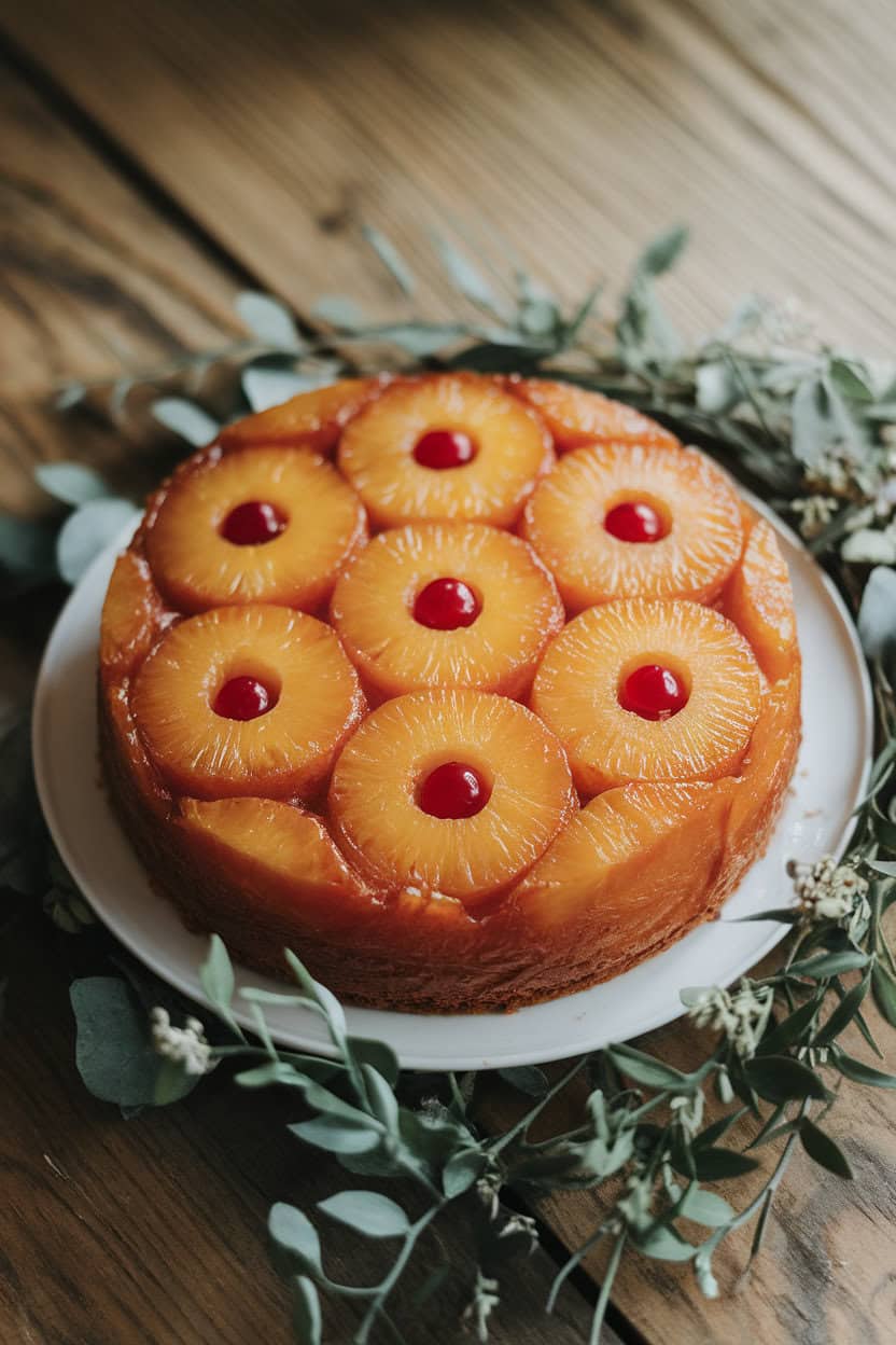 Indoor photo of a round pineapple upside-down cake with caramelized edges and maraschino cherries in centers, no text or logos