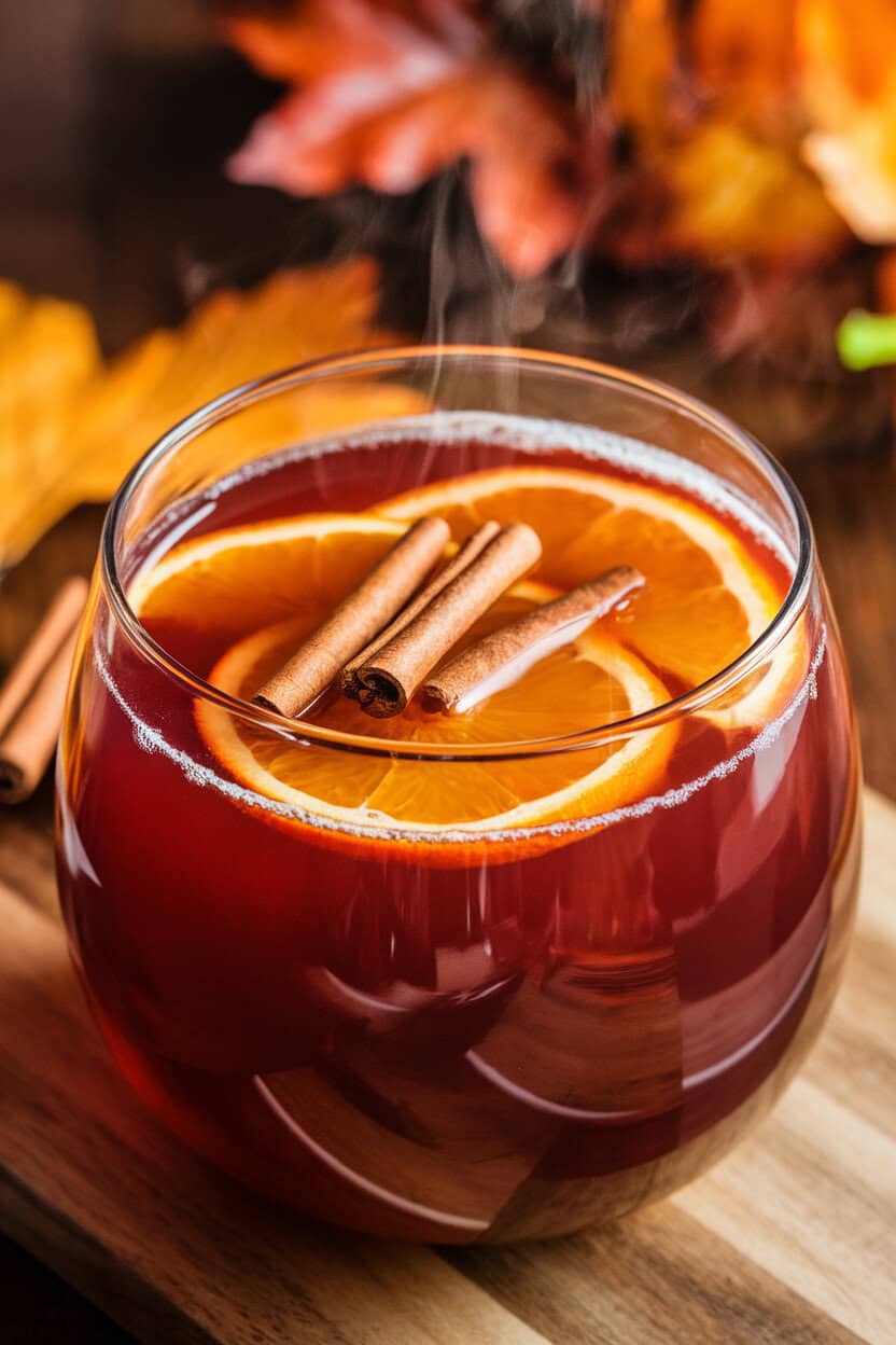An indoor punch bowl filled with hot apple cider punch, orange slices and cinnamon sticks floating on top, gentle steam visible. No text or logos. Photo, not an illustration.