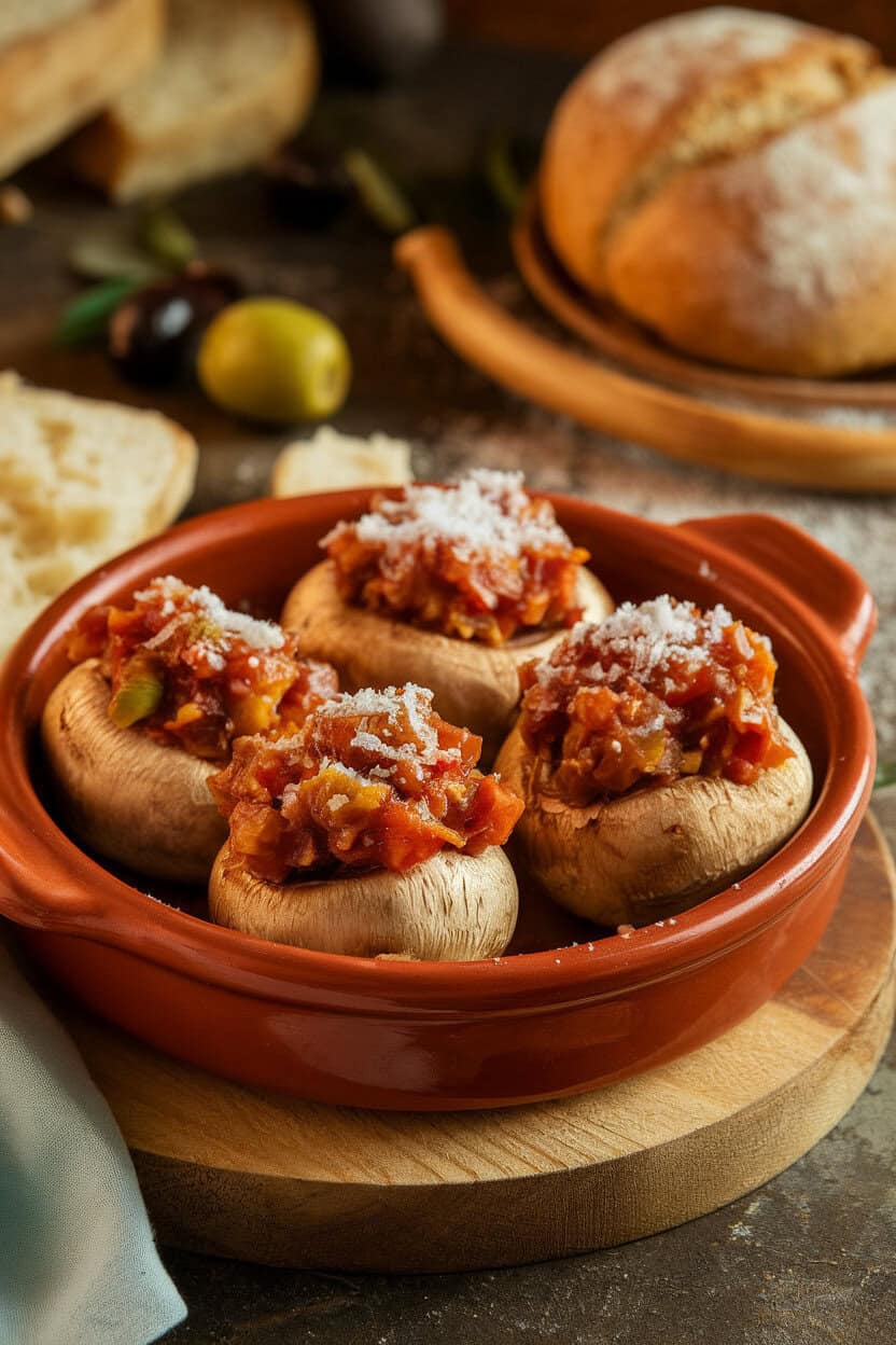 Photo indoors of a terracotta dish holding mushrooms stuffed with chunky eggplant caponata, grated pecorino melting on top. No text or logos.