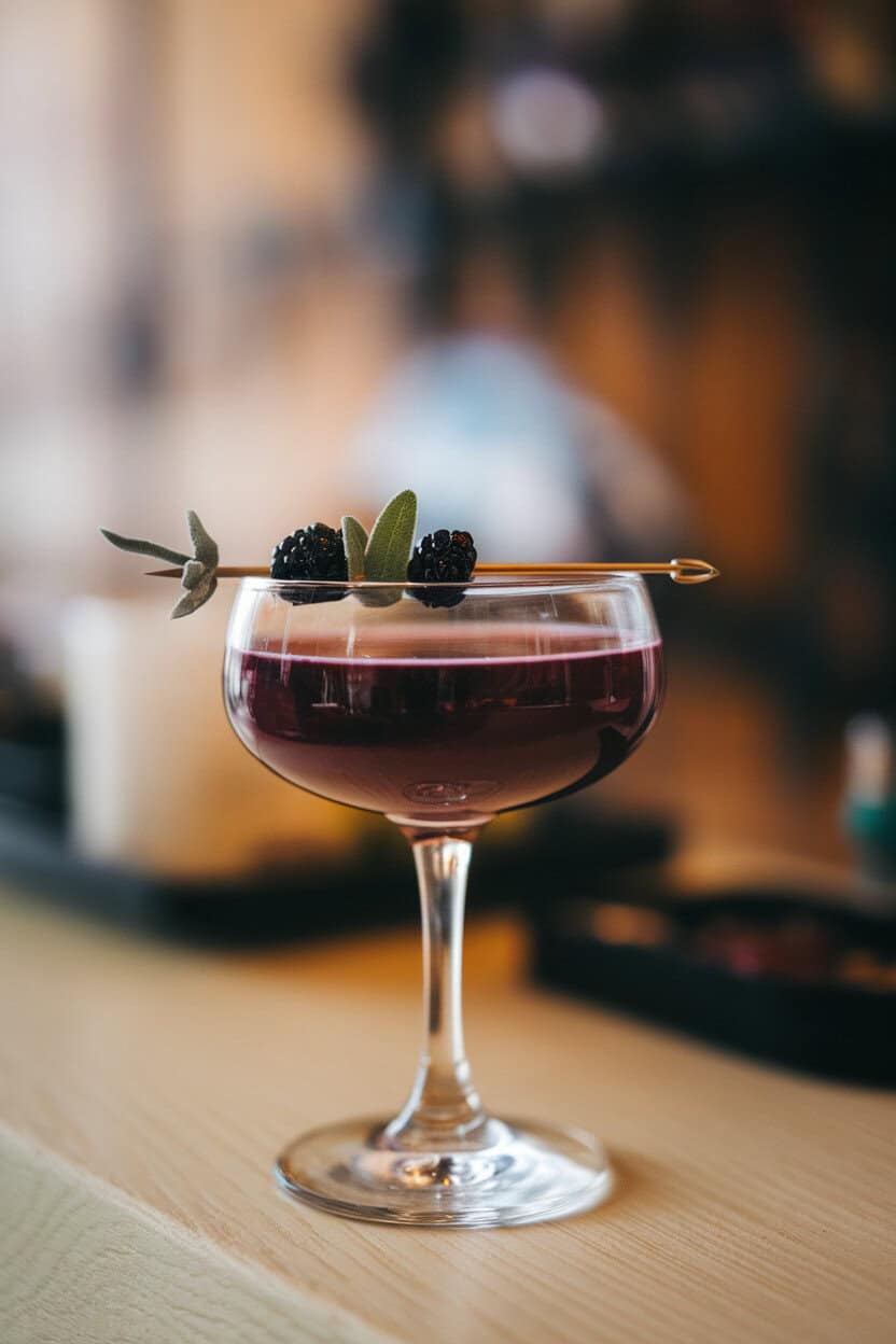 Indoor coupe with deep purple drink, tiny blackberry and sage leaf skewer across rim. No text or logos.