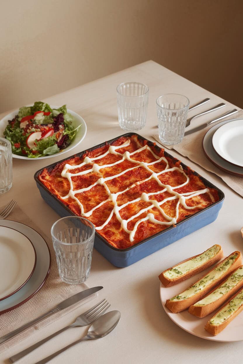 An indoor family dinner table with a baked lasagna, stretchy mozzarella strands artistically pulled across the top like a cobweb. No logos or text; photo.