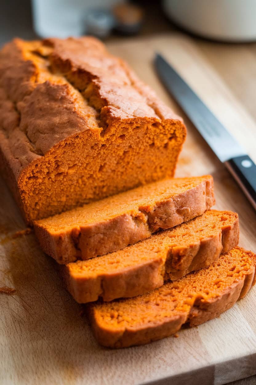 Indoor photo of a sliced loaf of butternut squash quick bread on a wooden cutting board, orange crumb visible; no text or logos.