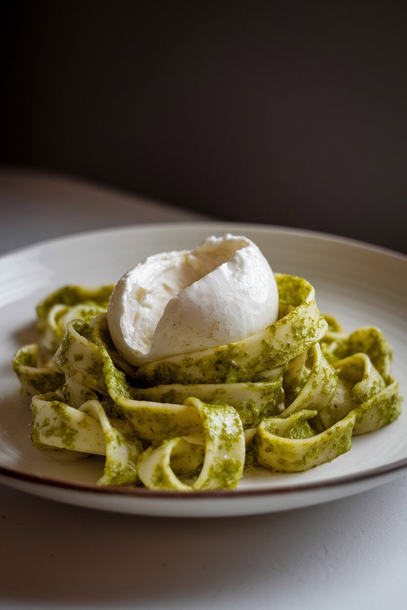 A softly lit indoor plate of ribbon pasta coated in vibrant green pistachio pesto, topped with a halved burrata ball oozing cream. No text or logos.