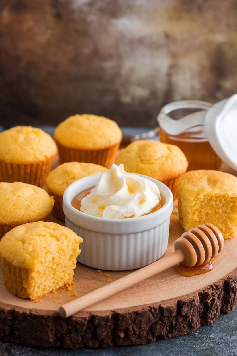 Indoor photo of bite-sized cornbread muffins arrayed on a wooden board with a ramekin of whipped honey butter and a honey dipper. No text or logos.