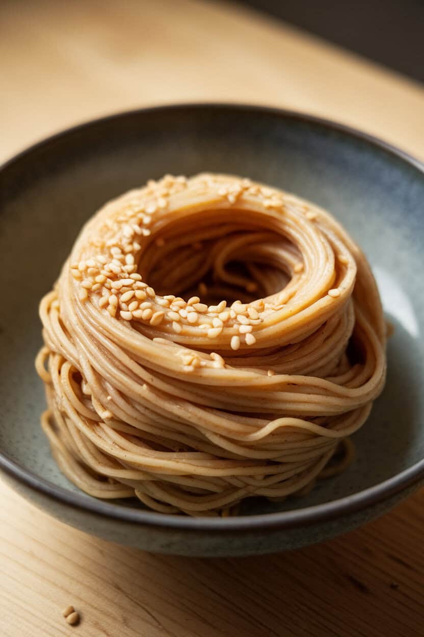 Indoor bowl of thin cooked noodles tossed in garlic-sesame sauce, twirled into a neat nest, sesame seeds on top. No logos or text. Photo only.