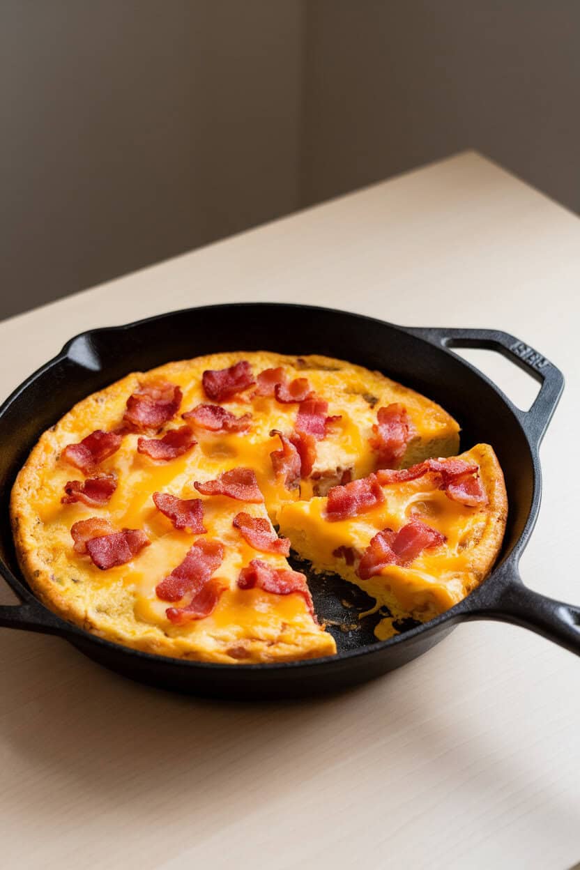 Indoor breakfast table with a cast-iron skillet holding a golden frittata studded with bacon pieces and melted cheddar, a slice already cut. No text or logos present.