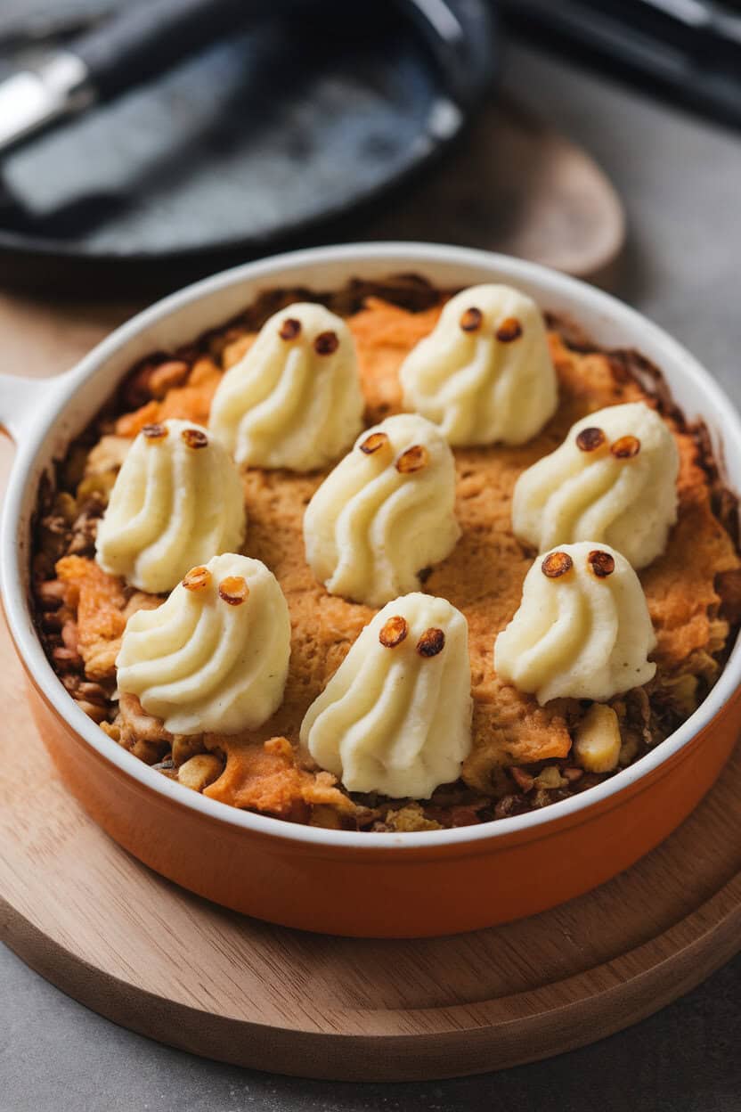 An indoor casserole of shepherd’s pie topped with piped mashed potato ghosts, each featuring two charred corn kernel eyes. No text or logos.