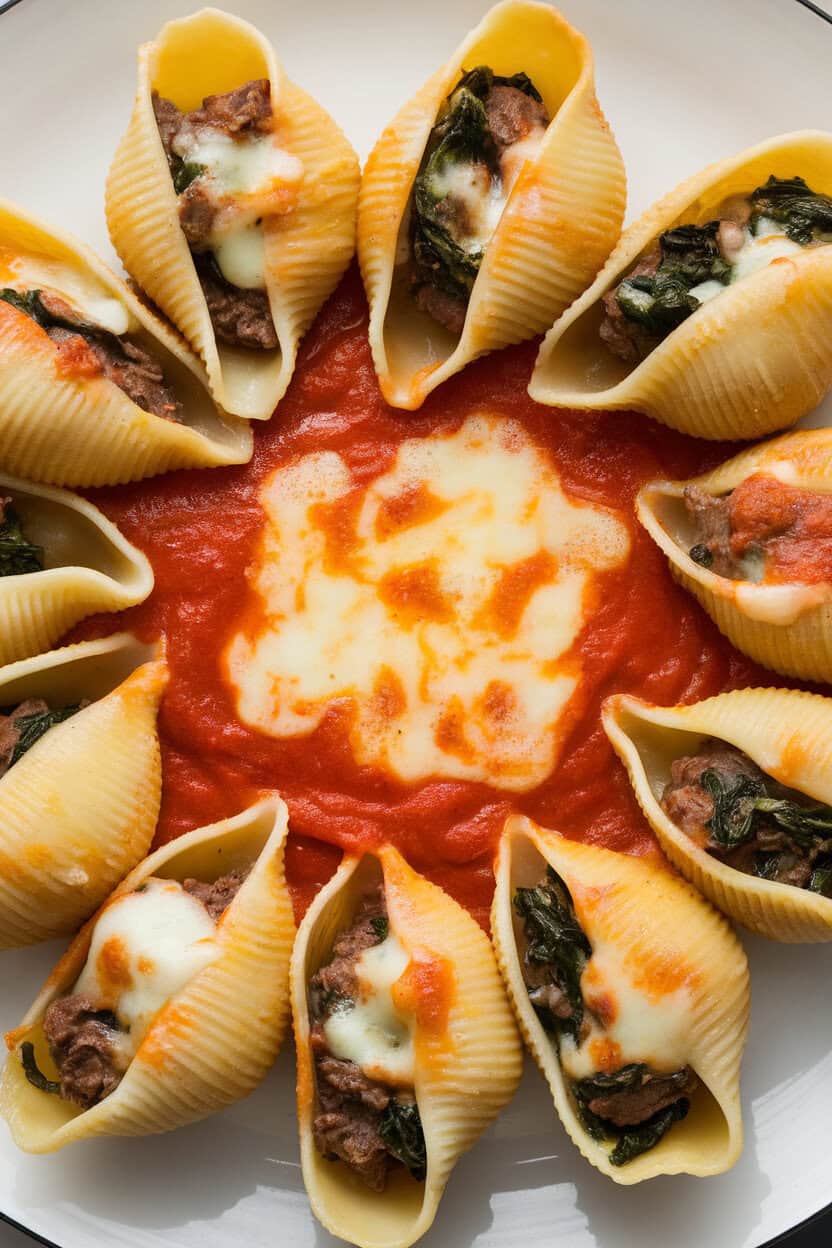 Indoor photo of jumbo pasta shells filled with beef and spinach, nestled in marinara sauce with melted cheese on top. No text or logos visible.