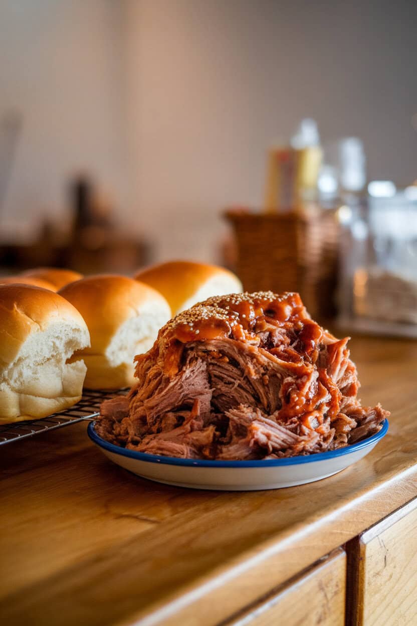 A wooden indoor counter displaying a plate piled high with saucy pulled pork alongside soft brioche buns, no text or logos in view.
