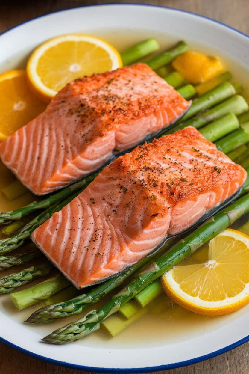 Indoor stovetop image showing cooked salmon fillets gently poached in a citrus broth, plated with bright green asparagus spears. No text or logos.