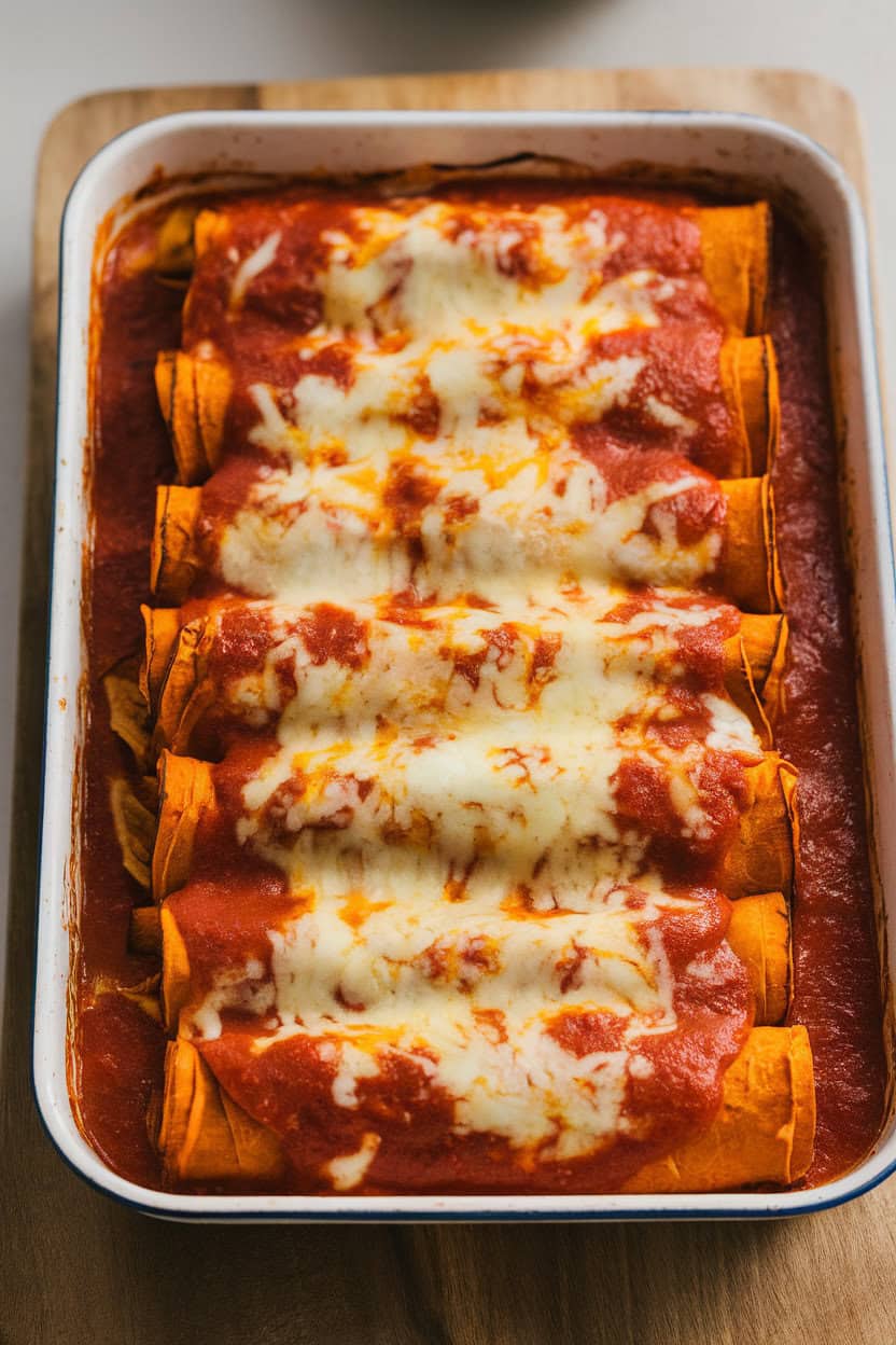 An indoor baking dish filled with enchiladas smothered in red sauce and melted cheese, edges slightly crispy, sweet potato cubes visible inside. Photo only, no text or logos.
