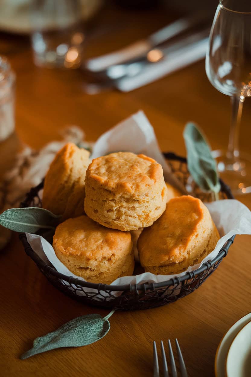 Indoor dining table with a basket of fluffy butternut squash biscuits, sage leaves scattered around, warm light highlighting their orange hue. No text or logos present. Photo, not illustration.