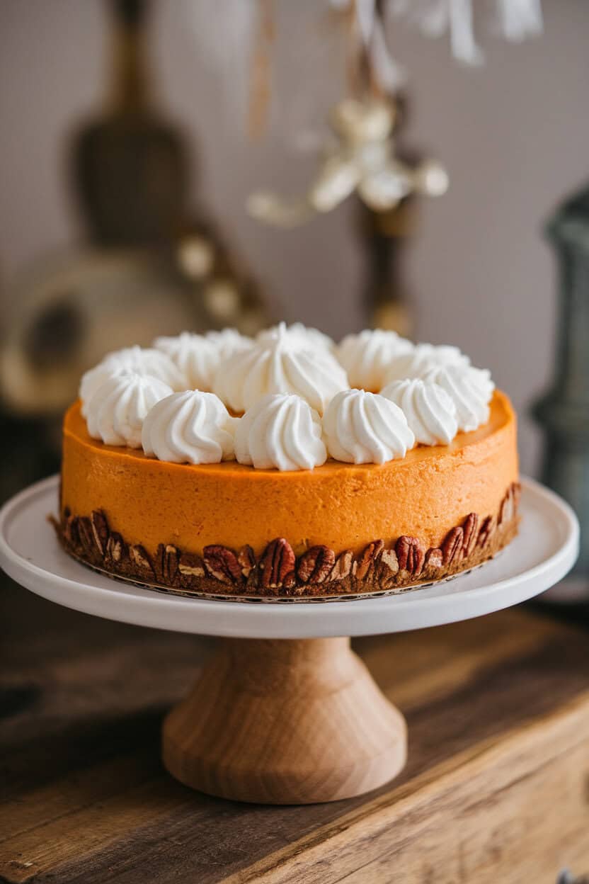 An indoor cake stand holding a sweet potato cheesecake with a pecan crust and a swirl of whipped cream on top. No text or logos.