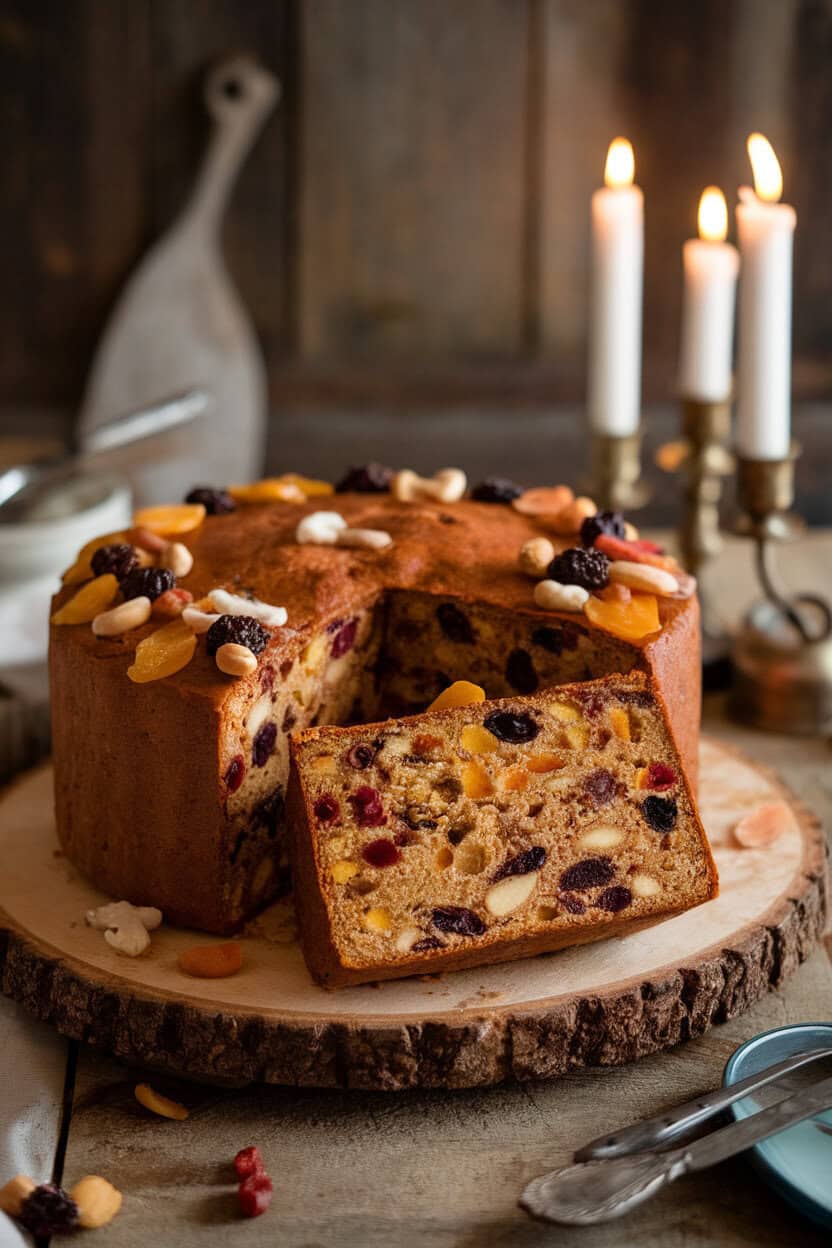 An indoor breadboard with a sliced, jewel-toned fruitcake soaked in brandy, dried fruits and nuts visible, candlelight ambiance; no text or logos. Photo, not illustration.