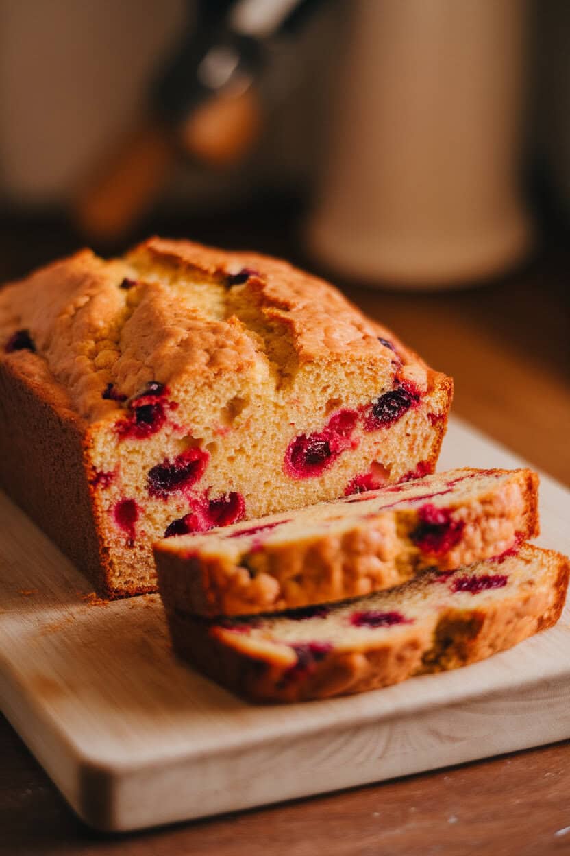 A loaf of cranberry orange quick bread on a cutting board, a few slices fanned out, indoor warm light, no text or logos.