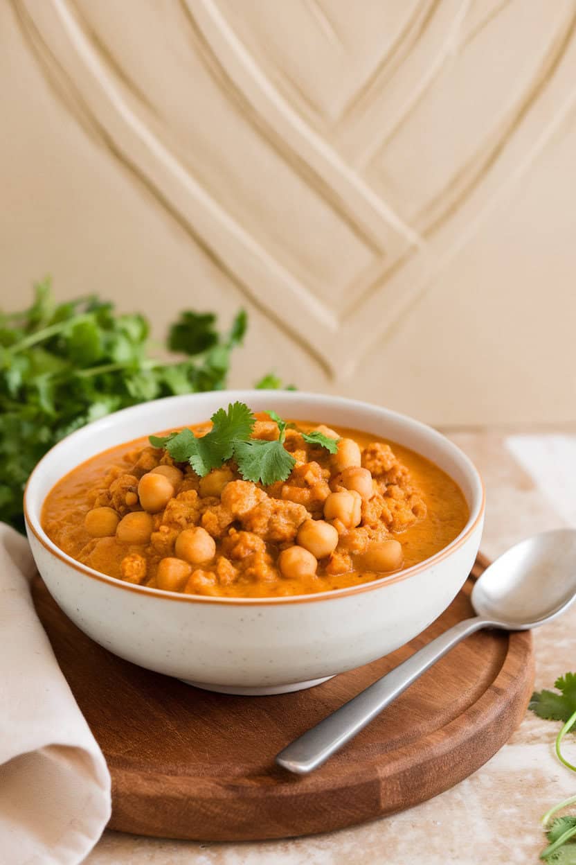 Indoor photo of a golden coconut curry chili with chickpeas and ground turkey, cilantro sprinkled on top; no text or logos
