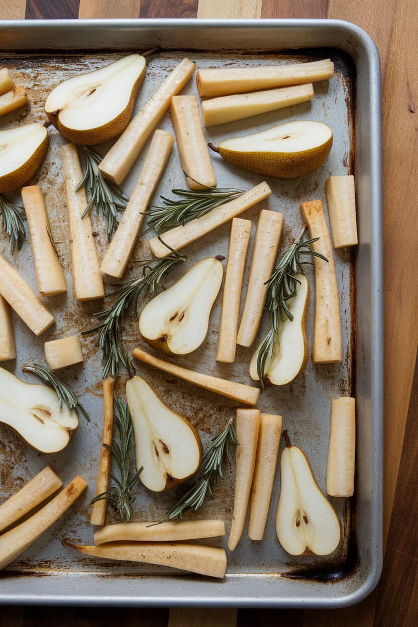 A rimmed sheet pan indoors featuring caramelized parsnip batons and pear wedges tossed with rosemary, edges gently browned. No visible branding or text. Photo.</Prompt
