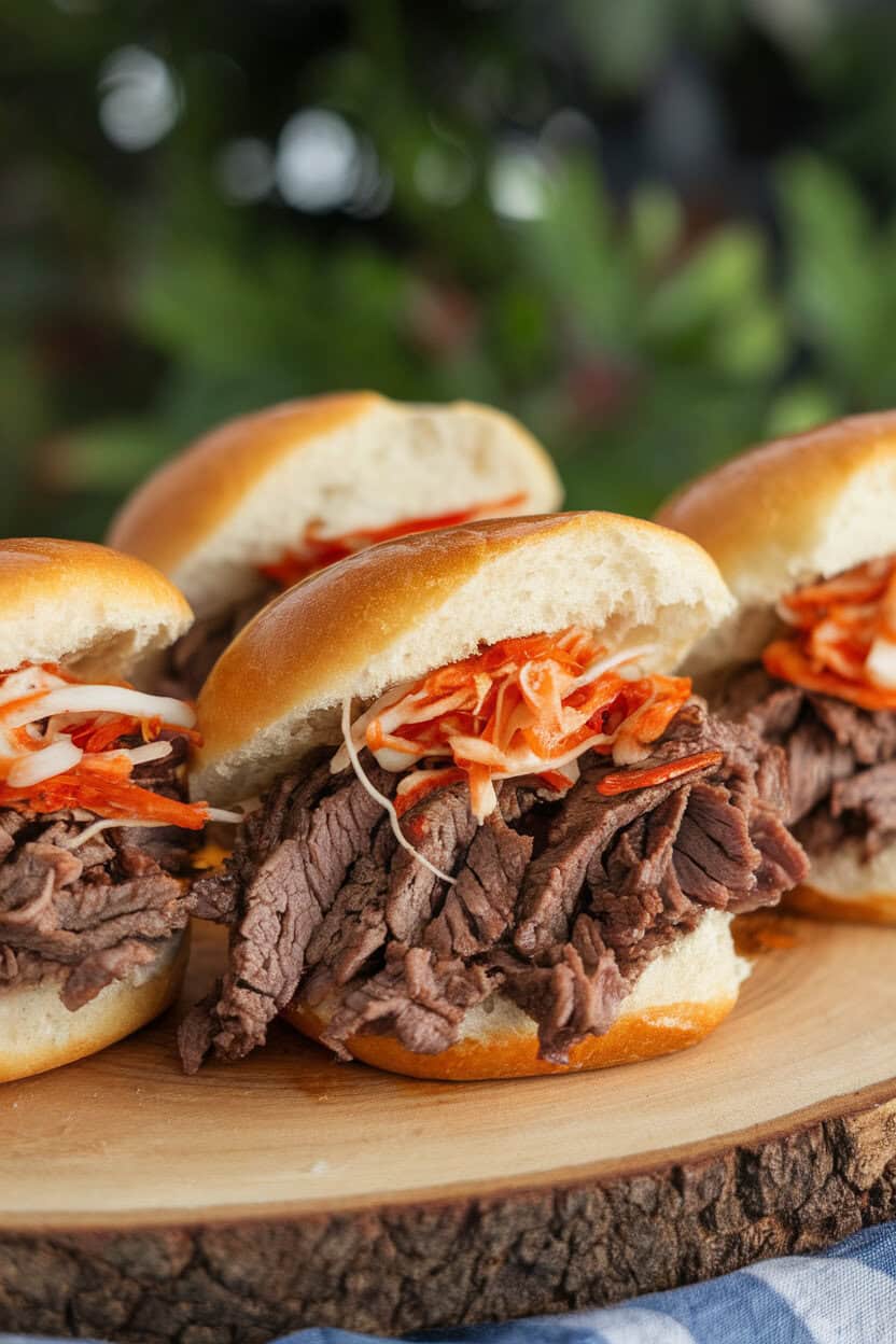 Photo of mini brioche buns indoors filled with thinly sliced bulgogi beef, kimchi slaw peeking out; side view, soft lighting, no text or logos