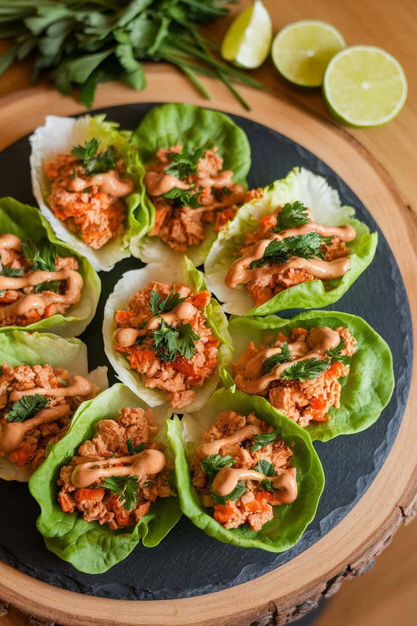 Photo of a slate platter indoors with butter lettuce leaves filled with minced chicken, carrots, and herbs, drizzled with peanut sauce; overhead shot, no logos