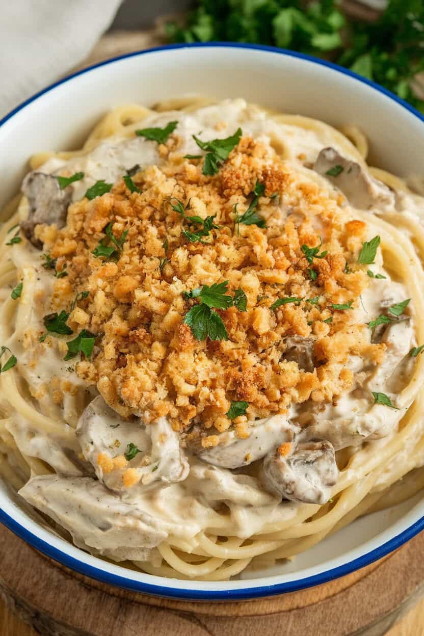 An indoor serving dish of creamy turkey tetrazzini—spaghetti coated in white sauce with chunks of turkey and mushrooms, topped with breadcrumbs and parsley. No text or logos. Photo, not illustration.