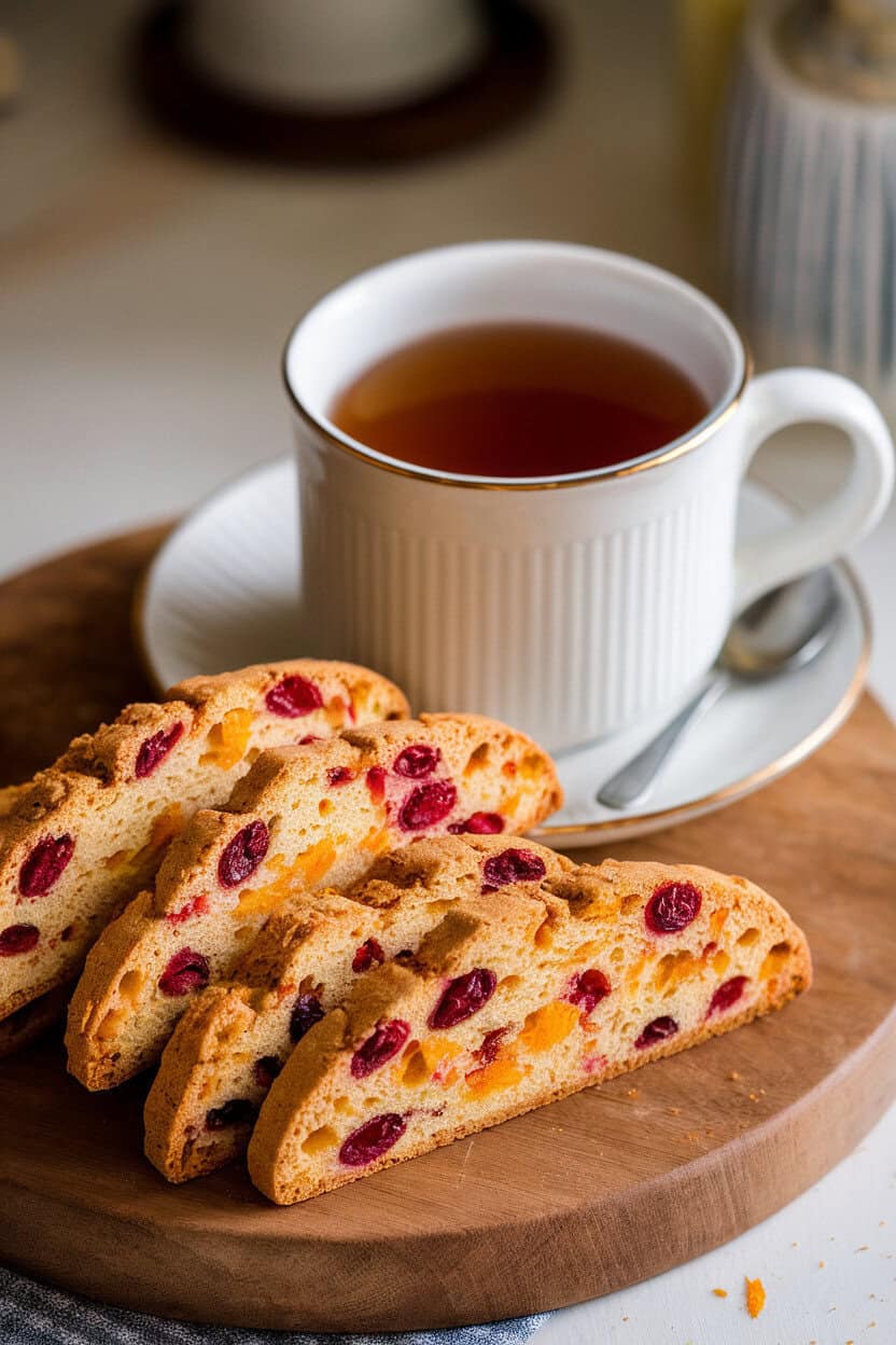 Indoor scene of twice-baked biscotti slices dotted with cranberries and orange zest, positioned beside a mug of tea. No text or logos.