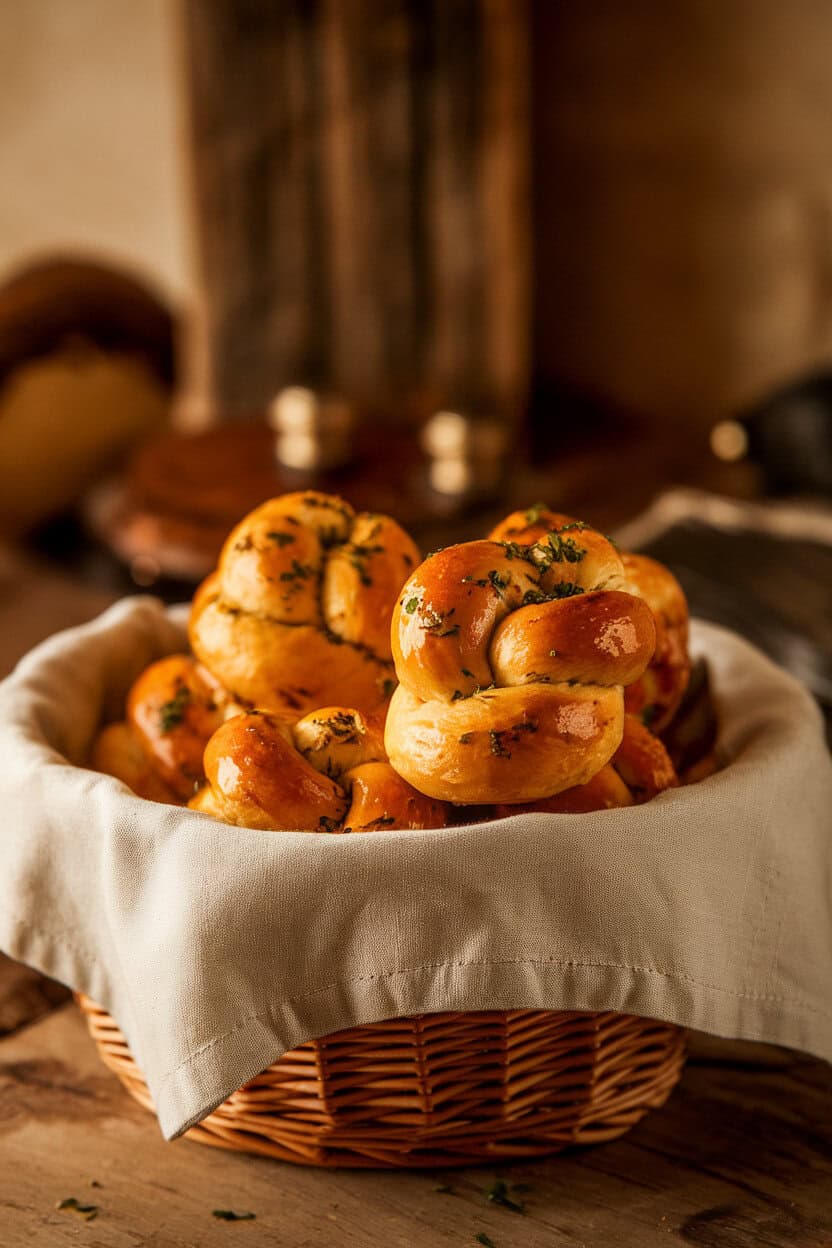 A bread basket indoors lined with a linen napkin, filled with glossy garlic-Parmesan knots sprinkled with parsley. No text or logos.