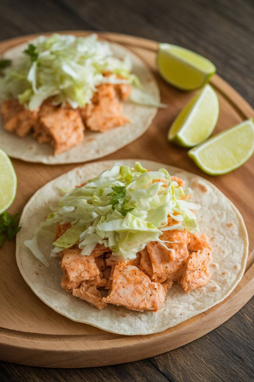 Indoor serving board holding cooked Cajun-spiced white fish flakes in warm tortillas, topped with cabbage slaw and lime wedges nearby. No raw fish, no text or logos.