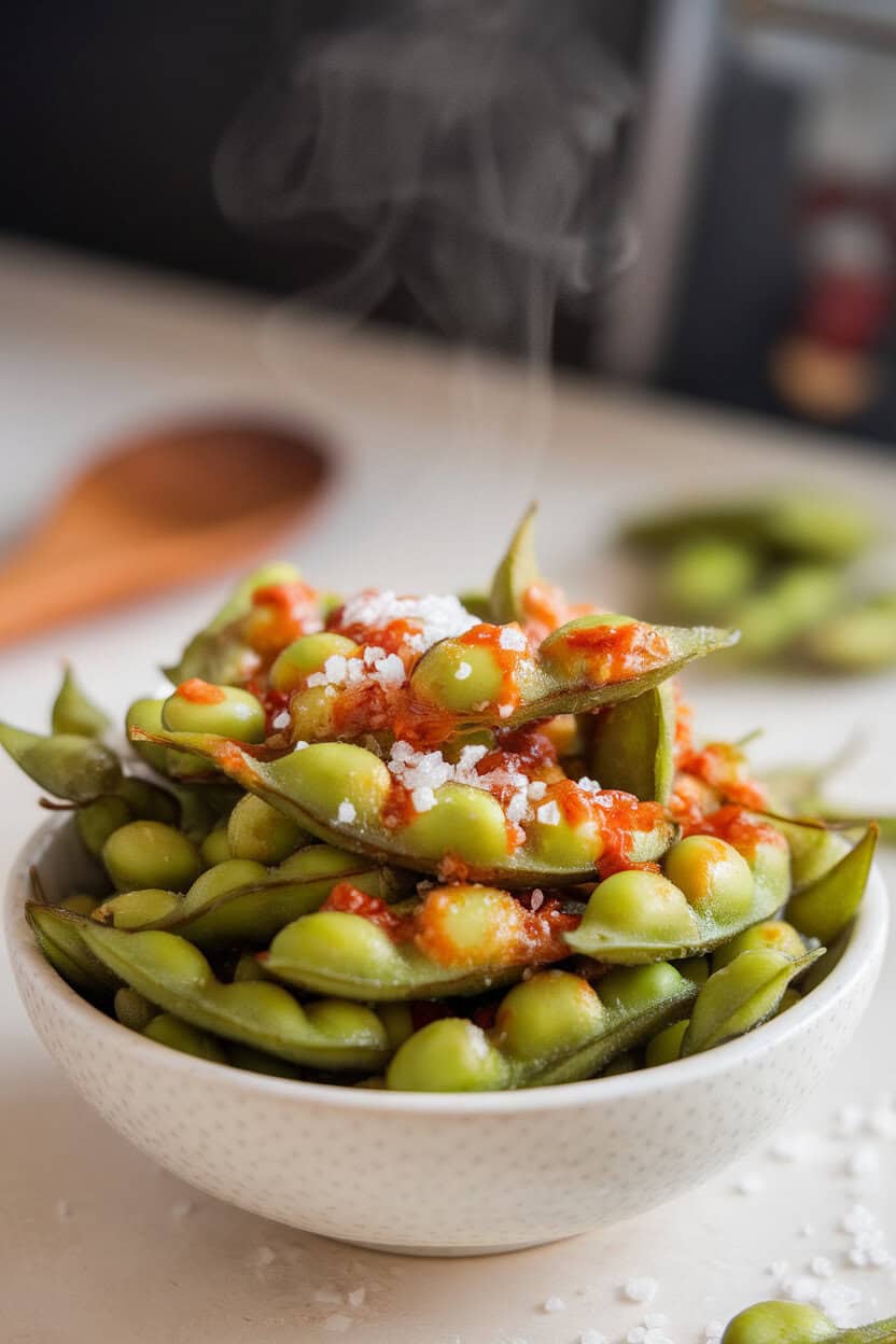 Bowl photo taken indoors with steamed edamame pods tossed in chili-garlic sauce and sprinkled with coarse sea salt, light steam visible. No text or logos.