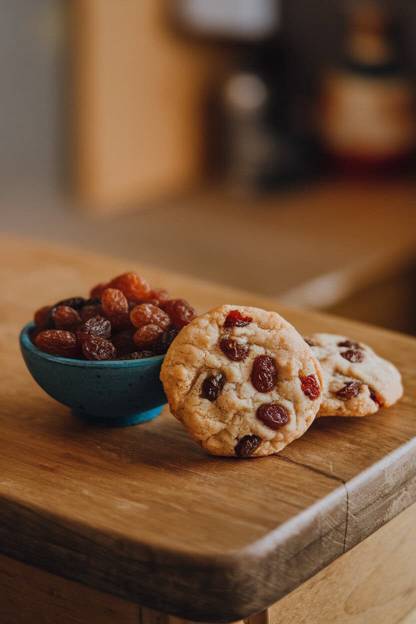 Photo prompt: Indoor wooden table with spiced rum raisin cookies next to a small bowl of plumped raisins, no text or logos.