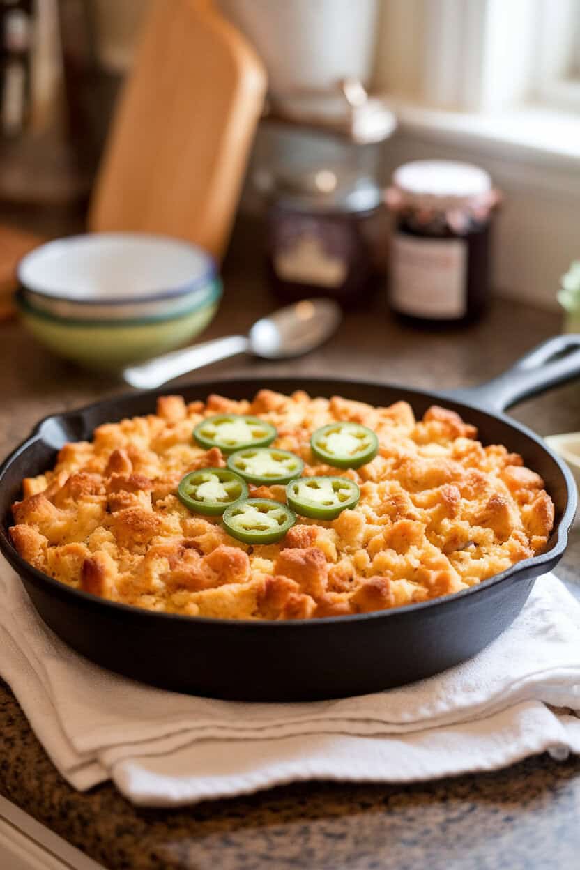 An indoor countertop with a skillet of cornbread stuffing, green jalapeño slices visible on top, photographed close-up. No text or logos; photo only.
