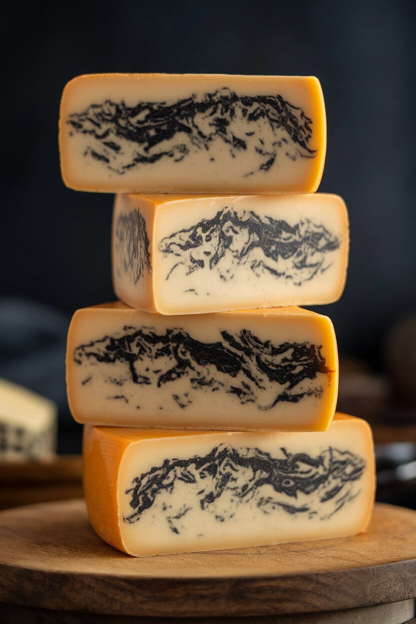 Indoor photo of sliced marble jack cheese with dramatic black and white veins, stacked in a staggered tower. No text or logos.