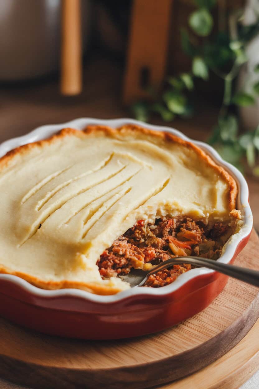 Warm indoor shot of a ceramic pie dish filled with shepherd’s pie—creamy mashed potato topping scored with fork lines, lightly browned. A serving spoon reveals savory meat and vegetable filling underneath. Photo only, no text or logos.