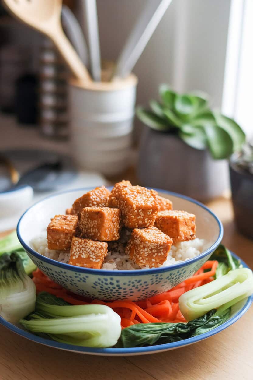 A softly lit indoor counter featuring a bowl of crispy sesame-coated tofu cubes over steamed rice, surrounded by sautéed bok choy and carrot ribbons. Photo only, no text or logos.