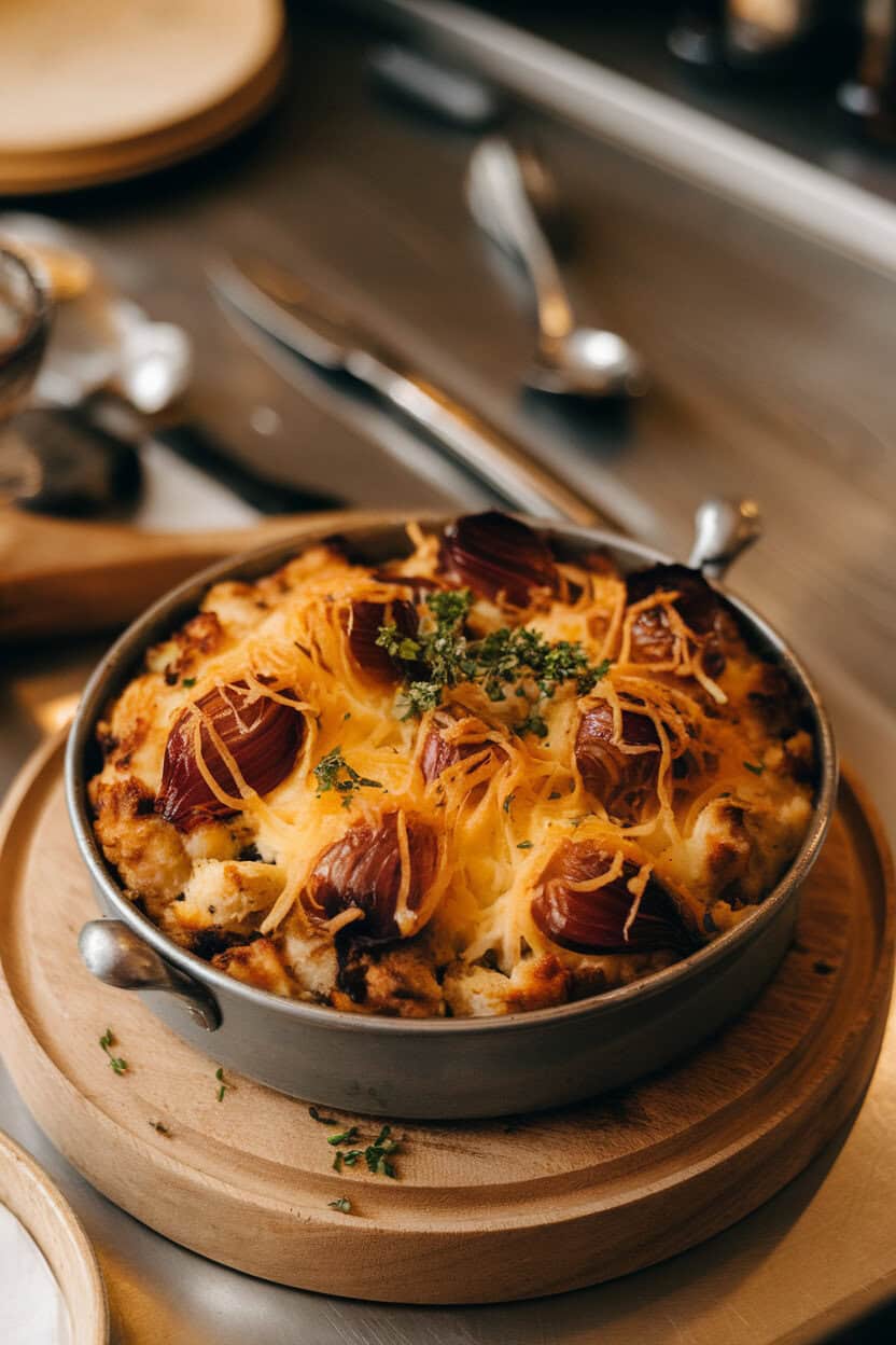 An indoor bistro counter with a casserole of stuffing featuring strings of melted Gruyère and deep-brown caramelized onions. No text or logos; photo only.