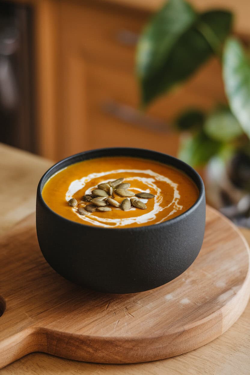 Indoor tabletop with a pumpkin-colored soup in a matte black bowl, garnished with coconut milk swirl and toasted pumpkin seeds. Photo, no text or logos