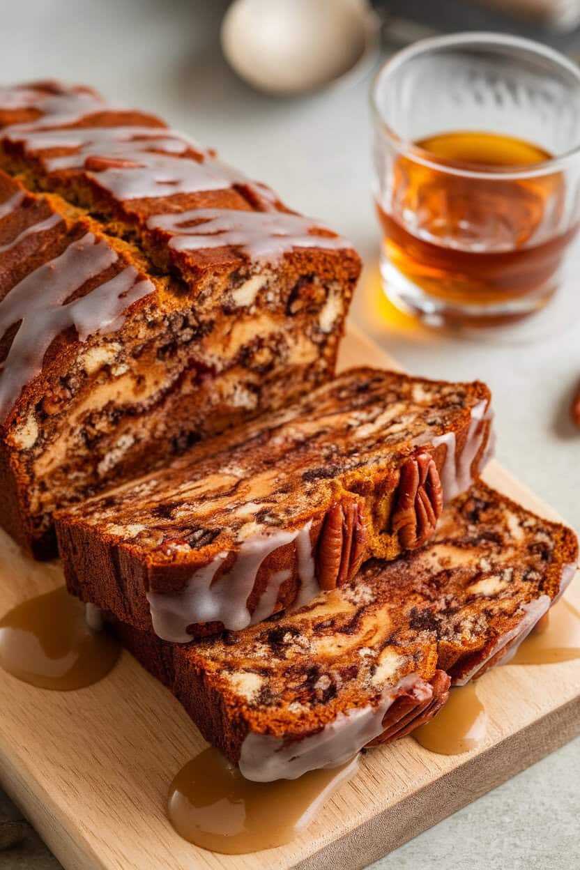Indoor wooden board with a sliced loaf of bourbon pecan banana bread, glaze dripped down the sides, a small glass of bourbon off to the corner for ambiance. No text or logos. Photo, not illustration.
