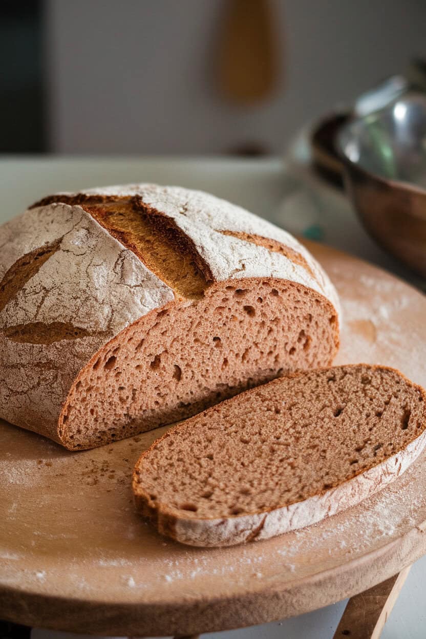 Photo of a rustic round spelt loaf on an indoor wooden board, slice showing nutty tan crumb, no text or logos.