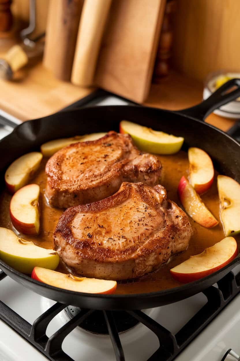 Skillet on an indoor stove holding seared pork chops nestled in apple slices and golden cider sauce. Warm kitchen lighting; no logos; photo, not illustration.