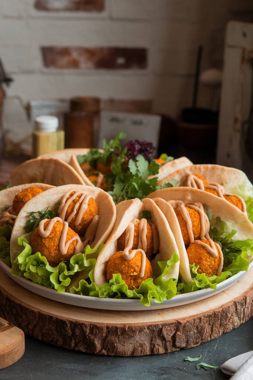 Photo of pita wraps filled with golden sweet potato falafel balls, lettuce, and tahini sauce, arranged on an indoor platter. No text or logos.