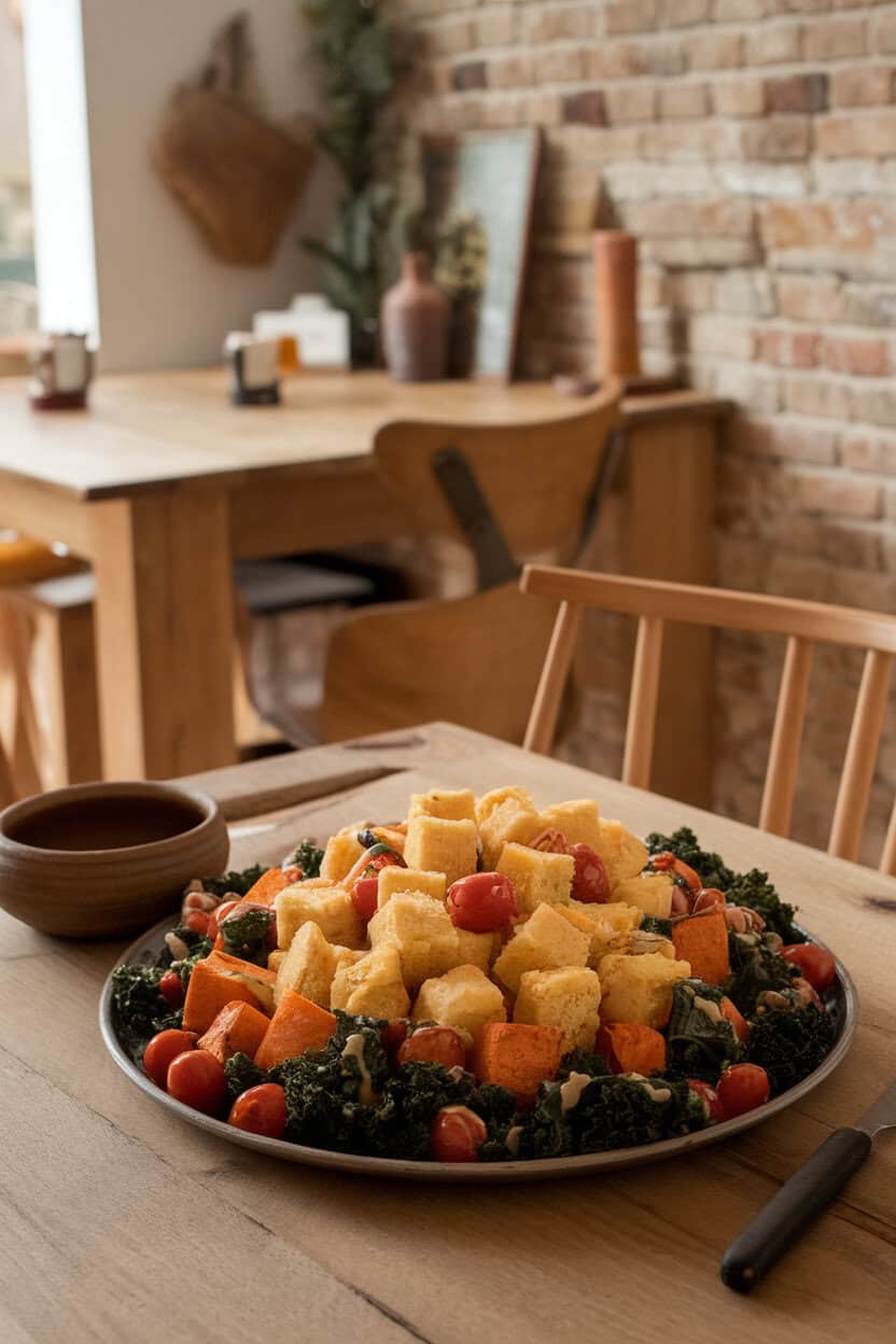 A cozy indoor dining space showing a serving platter of cubed cornbread, cherry tomatoes, roasted sweet potatoes, and kale, lightly coated in dressing. No text or logos; photo, not illustration.