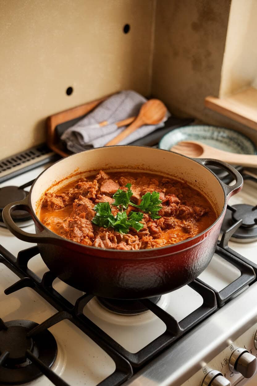 Photo of a cast-iron pot filled with cooked lamb goulash, garnished with parsley, indoor stovetop scene, no text or logos.