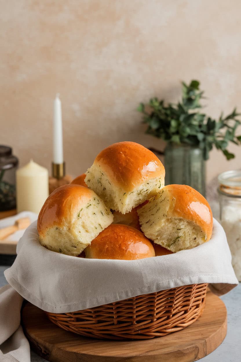 A basket lined with a linen napkin holding fluffy Parker House rolls brushed with herb butter, photographed indoors, no text or logos.