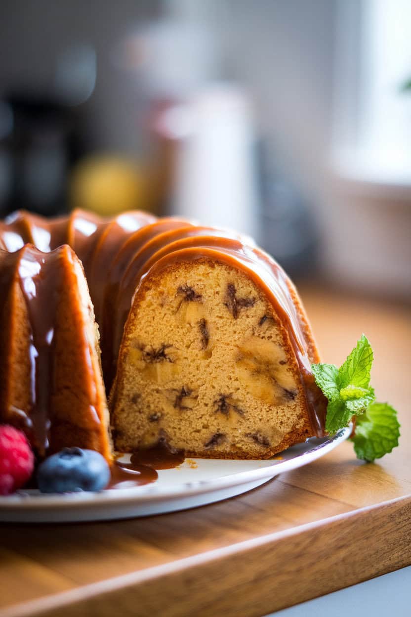 Indoor countertop showing a golden bundt slice flecked with banana, glossy brown-butter rum icing cascading down the ridges. Photo; no text or logos.