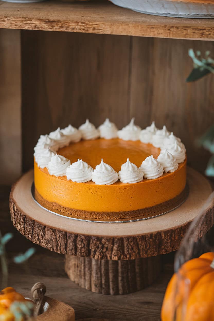 An indoor dessert display featuring a chilled pumpkin cheesecake in a graham cracker crust, whipped cream rosettes along the rim. No brands or text. Photo, not illustration.