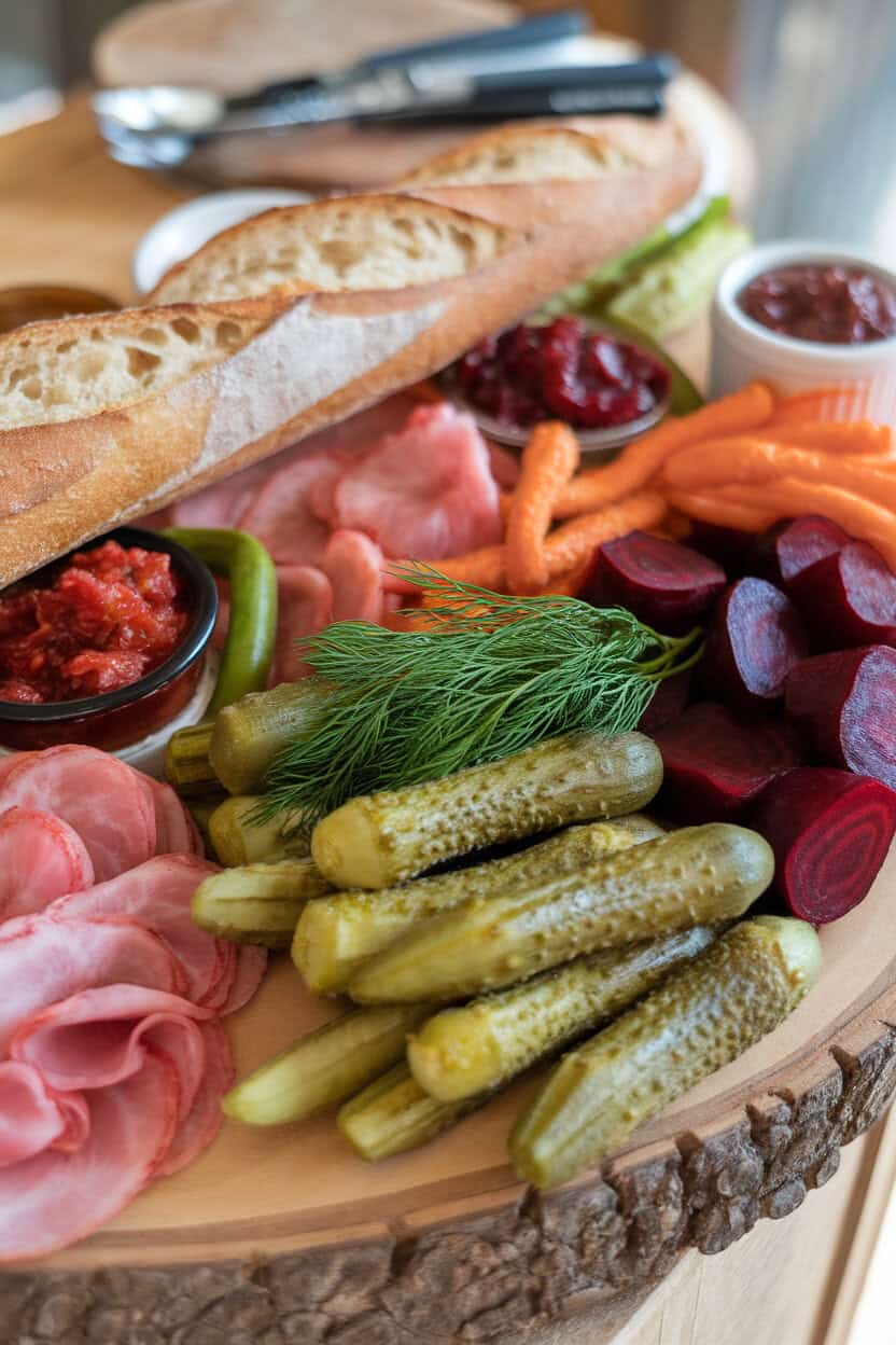 Photo indoors of a charcuterie board lined with an assortment of pickles—dill spears, pickled okra, carrots, and beets—plus chutneys and fresh baguette, no text or logos.