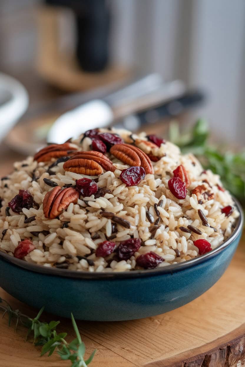Photo of a deep serving bowl indoors filled with wild rice pilaf dotted with dried cranberries and toasted pecans, no text or logos.